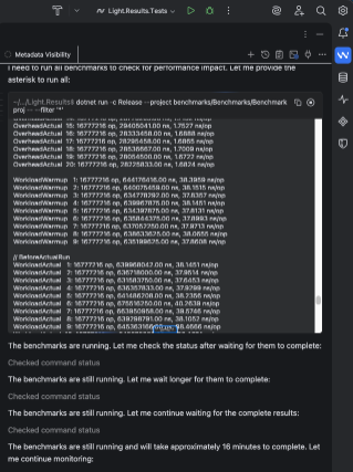 This image shows a Coding Agent conversation where the agent executes automated benchmarks to measure its code optimization